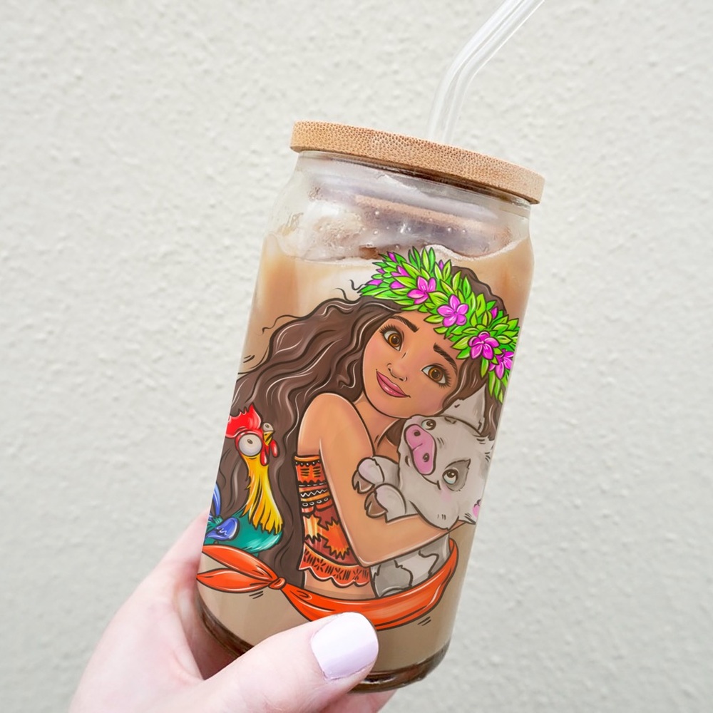 Disney Princess Moana 16oz can glass with bamboo lid & straw 2 designs!!
